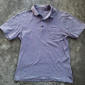 Patagonia Men's Slim Fit Polo M Striped Blue Rust Organic Cotton Squeaky Clean